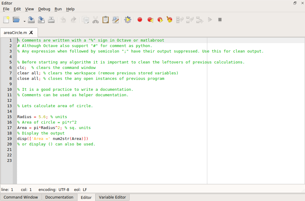 Editor Octave 5.2.0: Script to calculate Area of circle